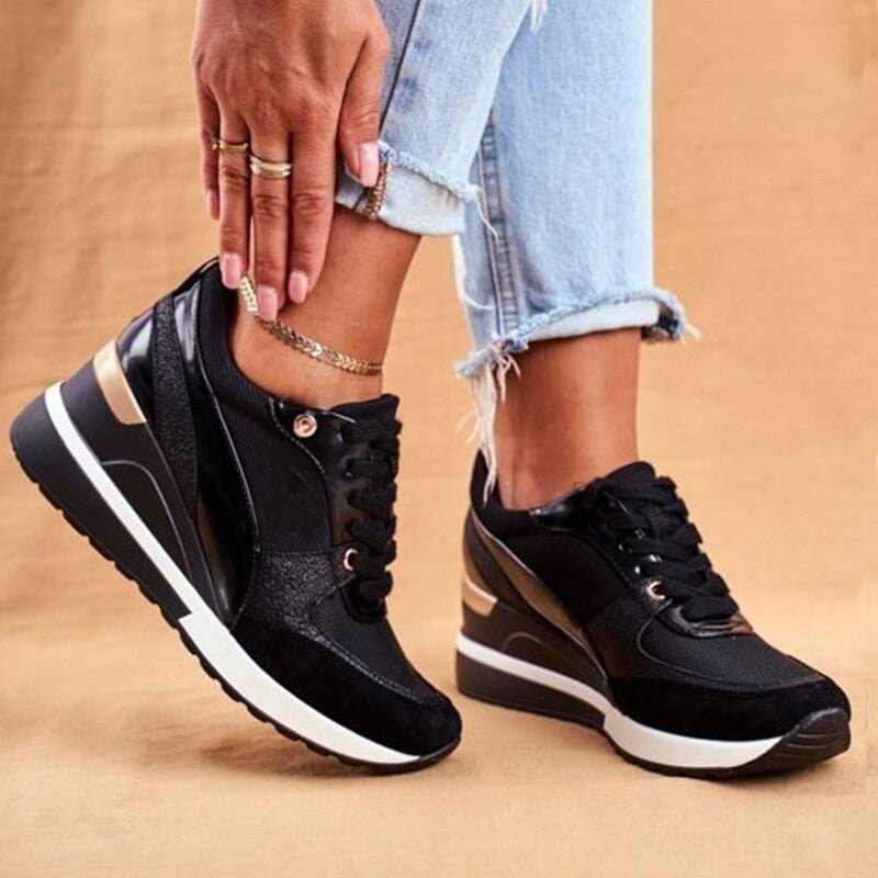 Women's Wedge Sneakers - Black / 2