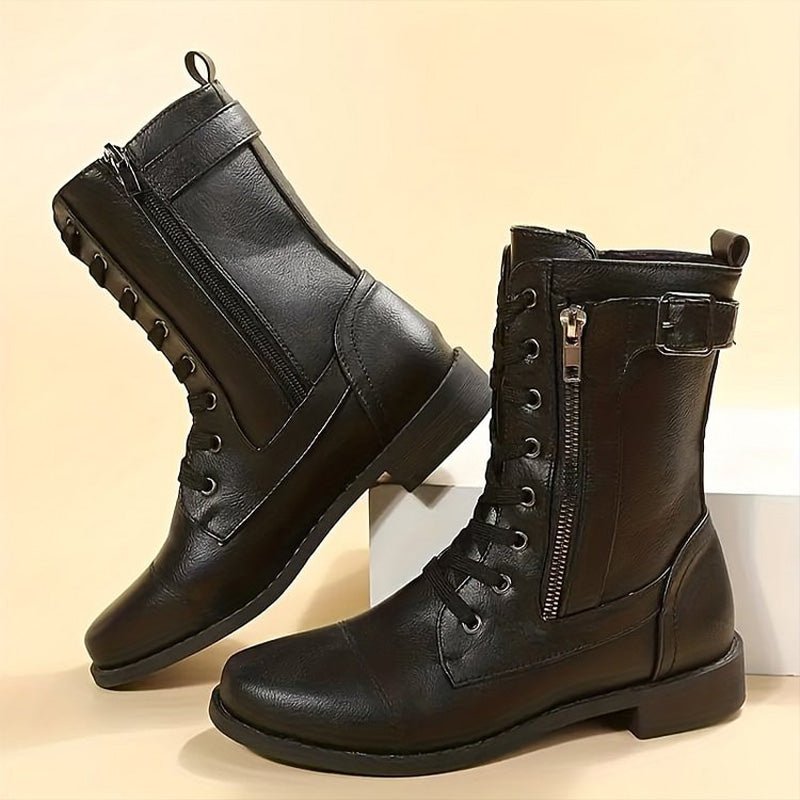 Women's Faux Leather Combat Ankle Boots - Black