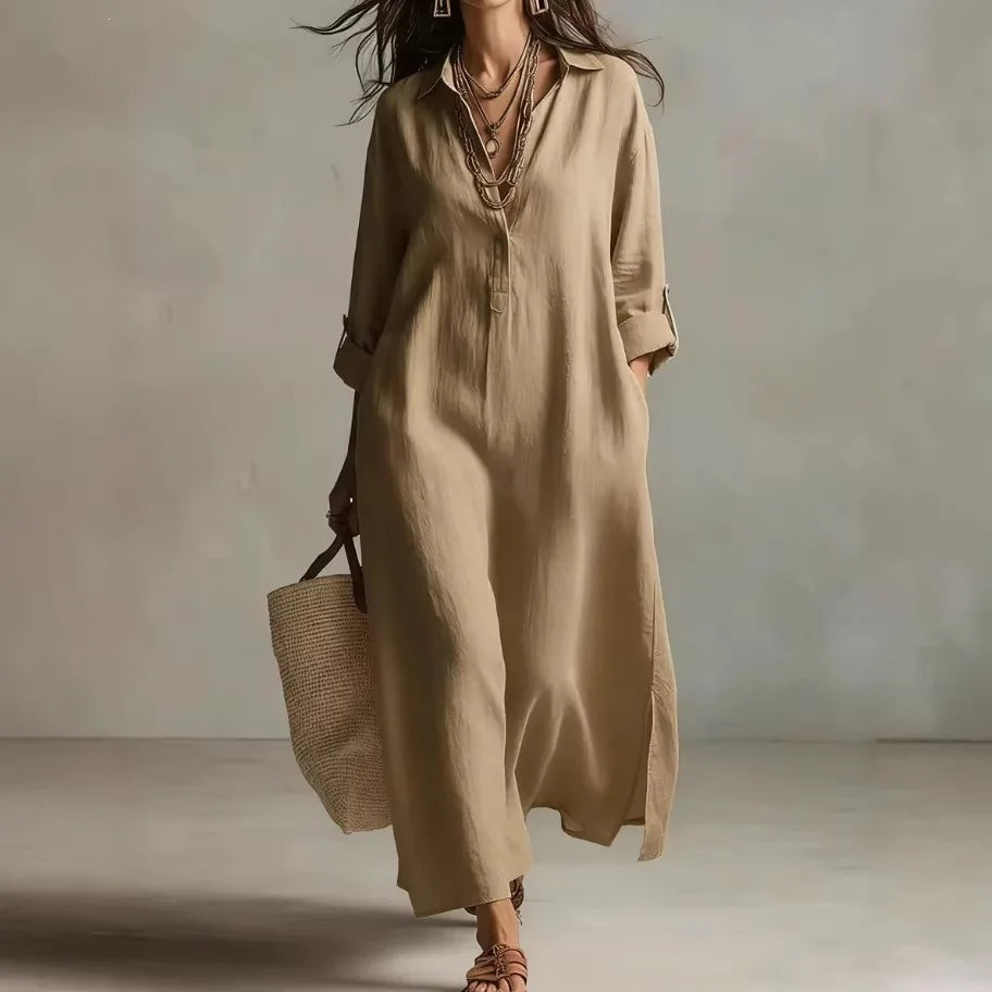 Long Sleeve Maxi Shirt Dress - Khaki