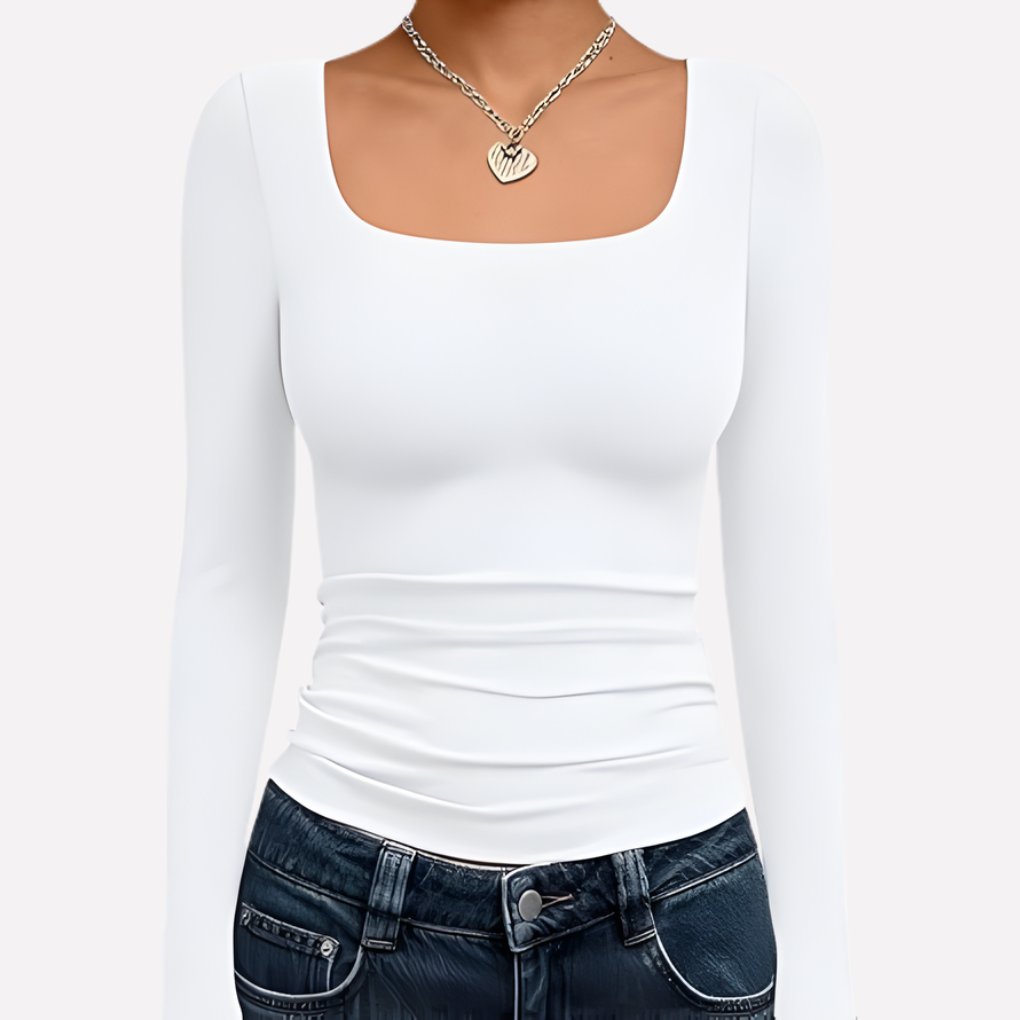 Women's Long Sleeve Ribbed Square-Neck Cropped Top - White
