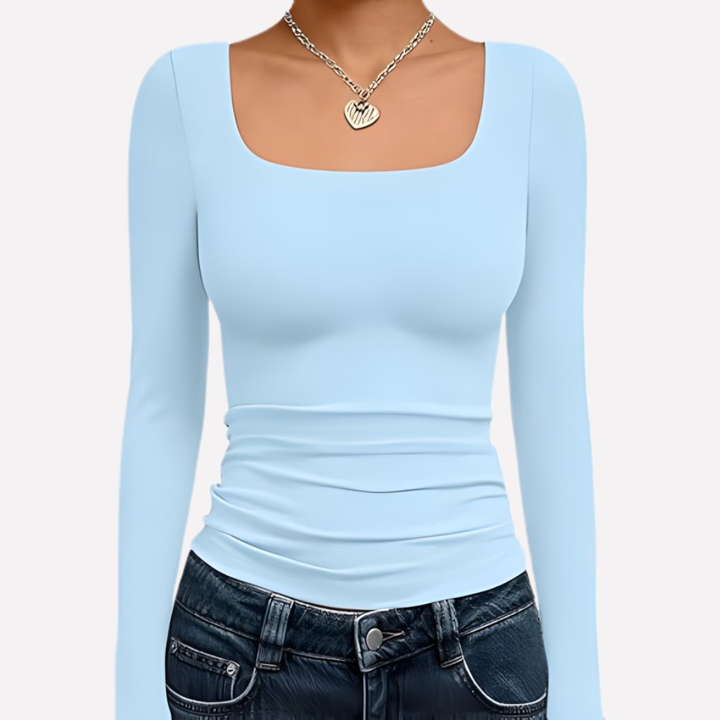 Women's Long Sleeve Ribbed Square-Neck Cropped Top - Baby Blue
