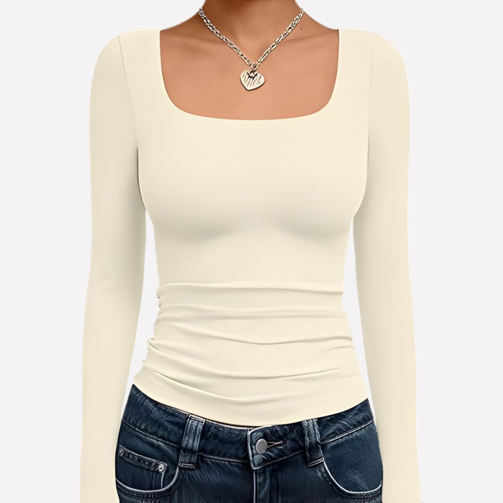 Women's Long Sleeve Ribbed Square-Neck Cropped Top - Apricot