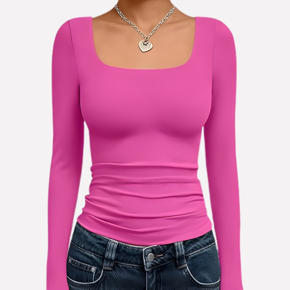 Women's Long Sleeve Ribbed Square-Neck Cropped Top - Hot Pink