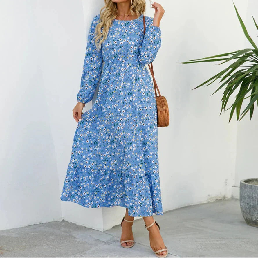 Long Sleeve Floral Maxi Dress - Blue