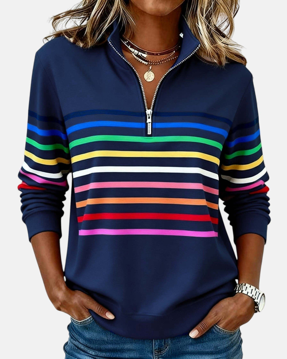 Women's Striped Quarter-Zip Sweatshirt - Navy Blue