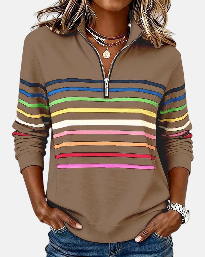 Women's Striped Quarter-Zip Sweatshirt - Khaki