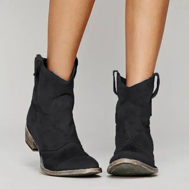 Women's Suede Western Ankle Boots - Black