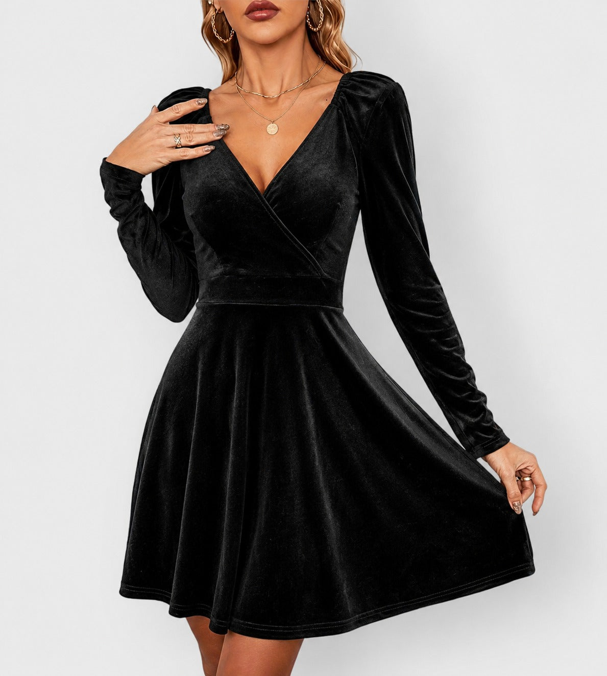 Velvet A Line Mini Dress - Black