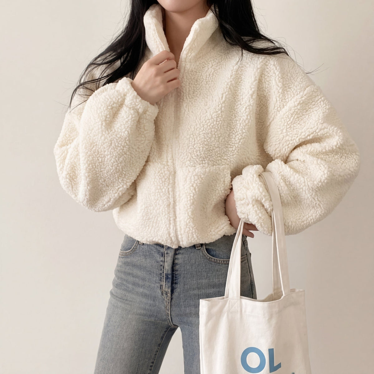 Women's Cropped Sherpa Jacket - Cream