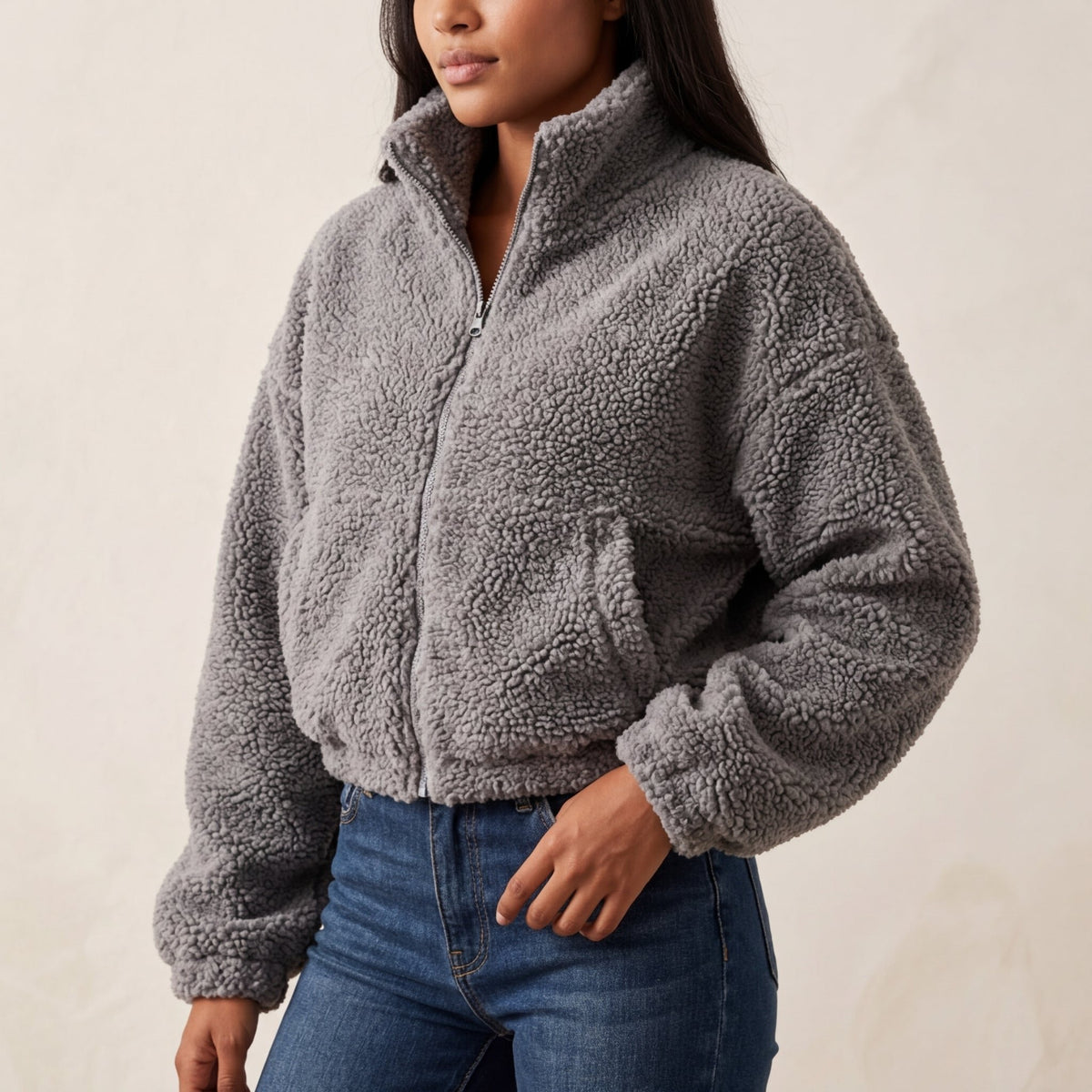 Women's Cropped Sherpa Jacket - Gray