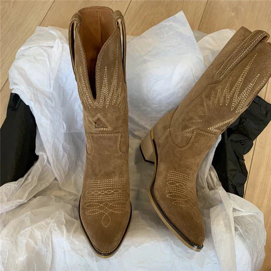 Women's Embroidered Western Ankle Boots - Brown