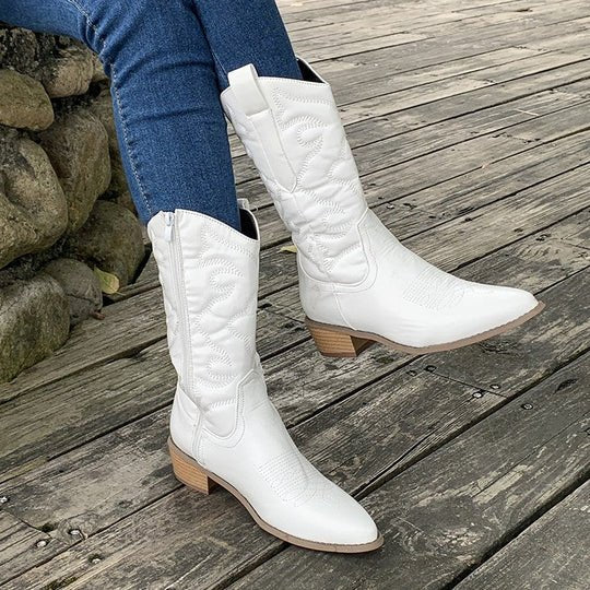 Women's Embroidered Western Ankle Boots - White
