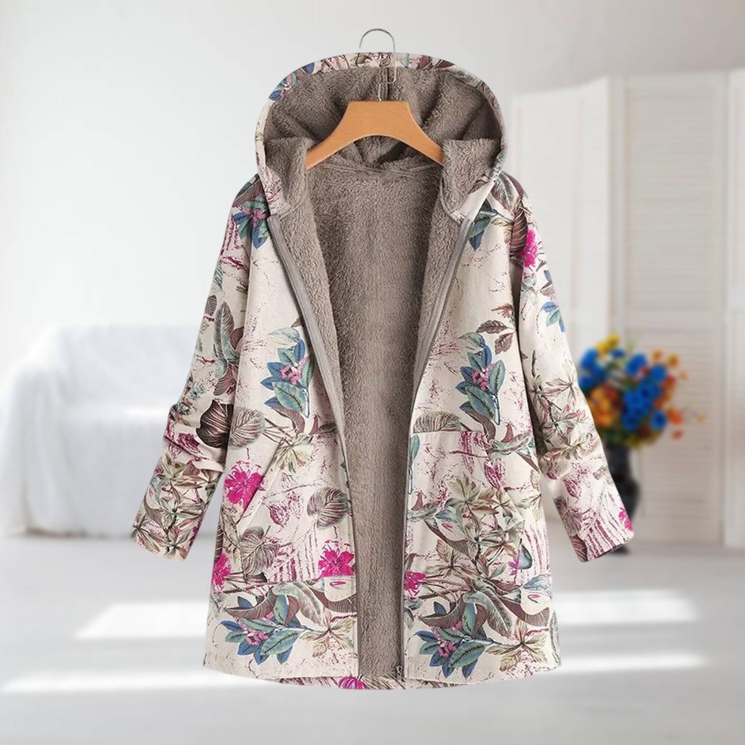 Women's Floral Hooded Parka Faux Fur Coat - Pink