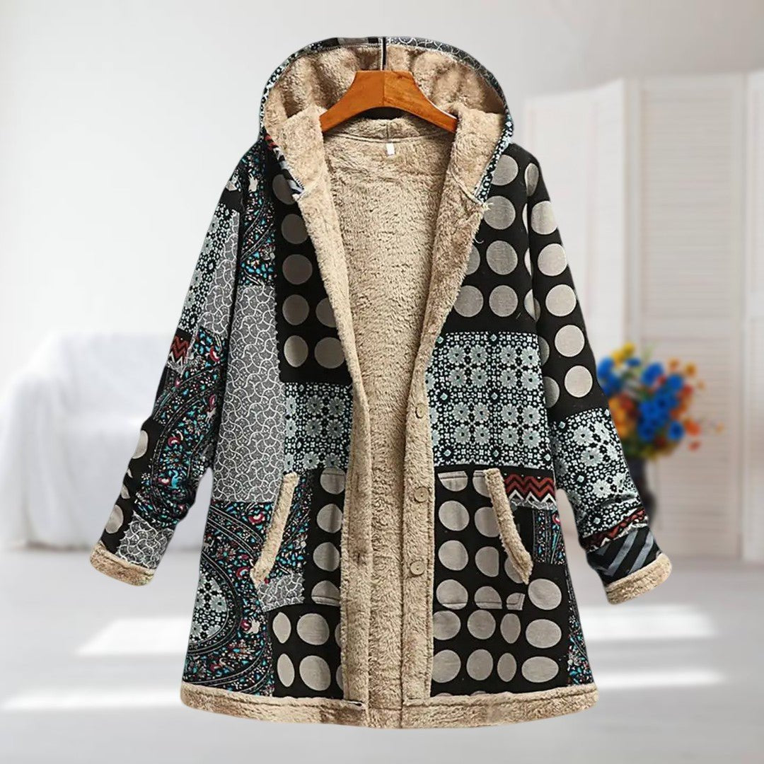Women's Floral Hooded Parka Faux Fur Coat - Black Gray