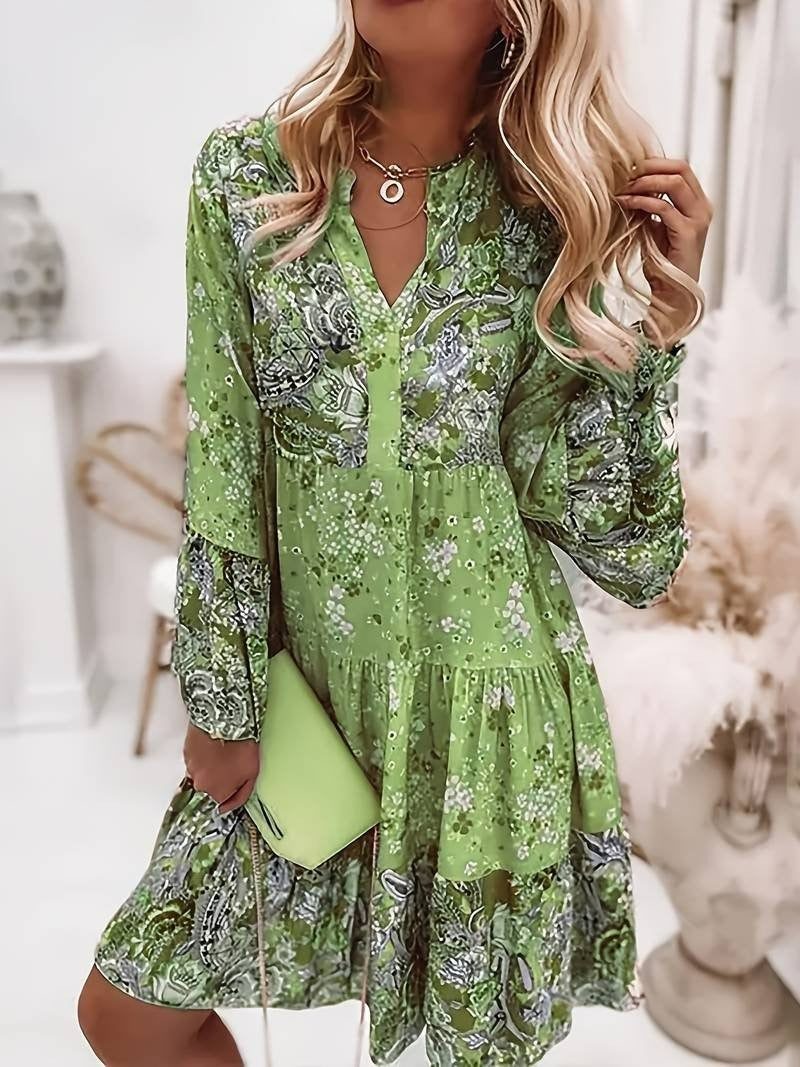 Floral Long Sleeve Midi Dress - Green