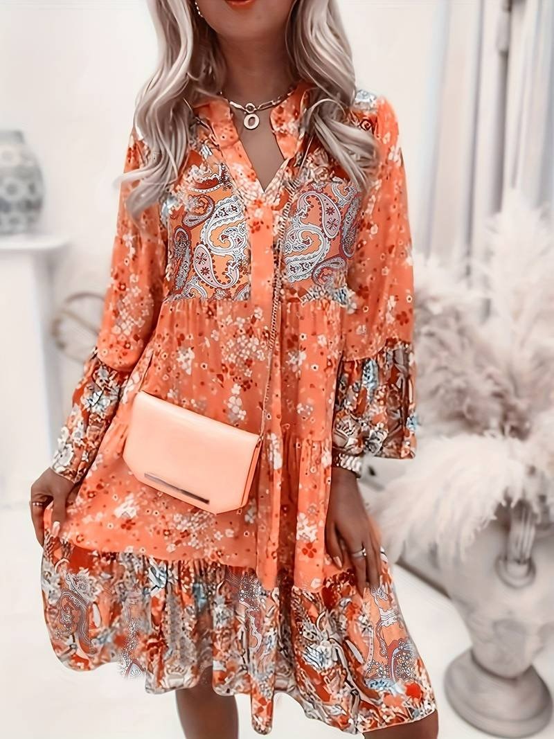 Floral Long Sleeve Midi Dress - Orange