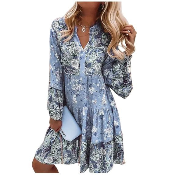 Floral Long Sleeve Midi Dress - Blue