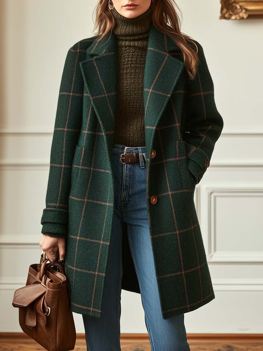 Women's Oversized Plaid Wool Coat - Dark Green