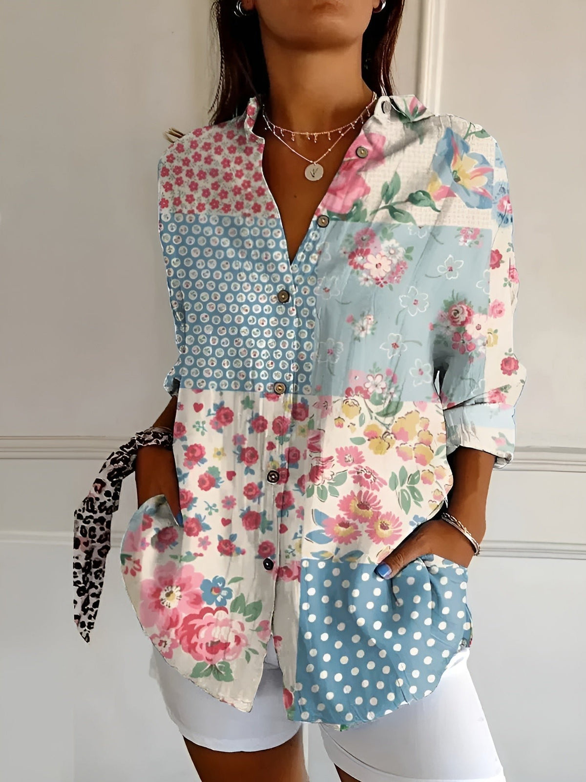 Women's Floral V-Neck Blouse - Floral Blue