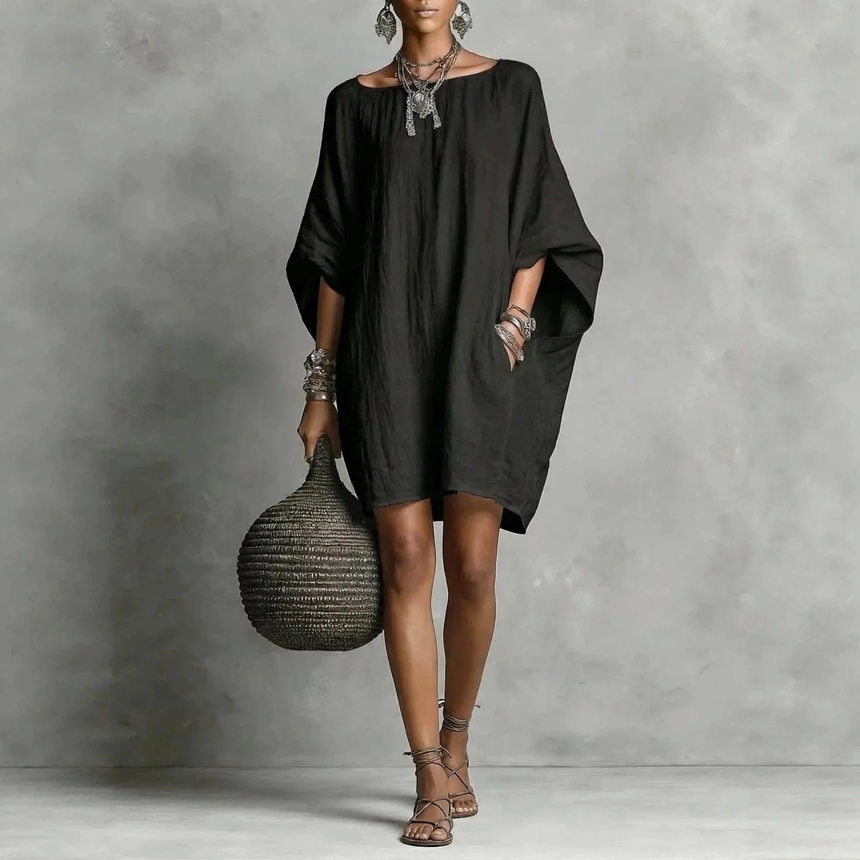 Oversized Batwing Tunic Dress - Black