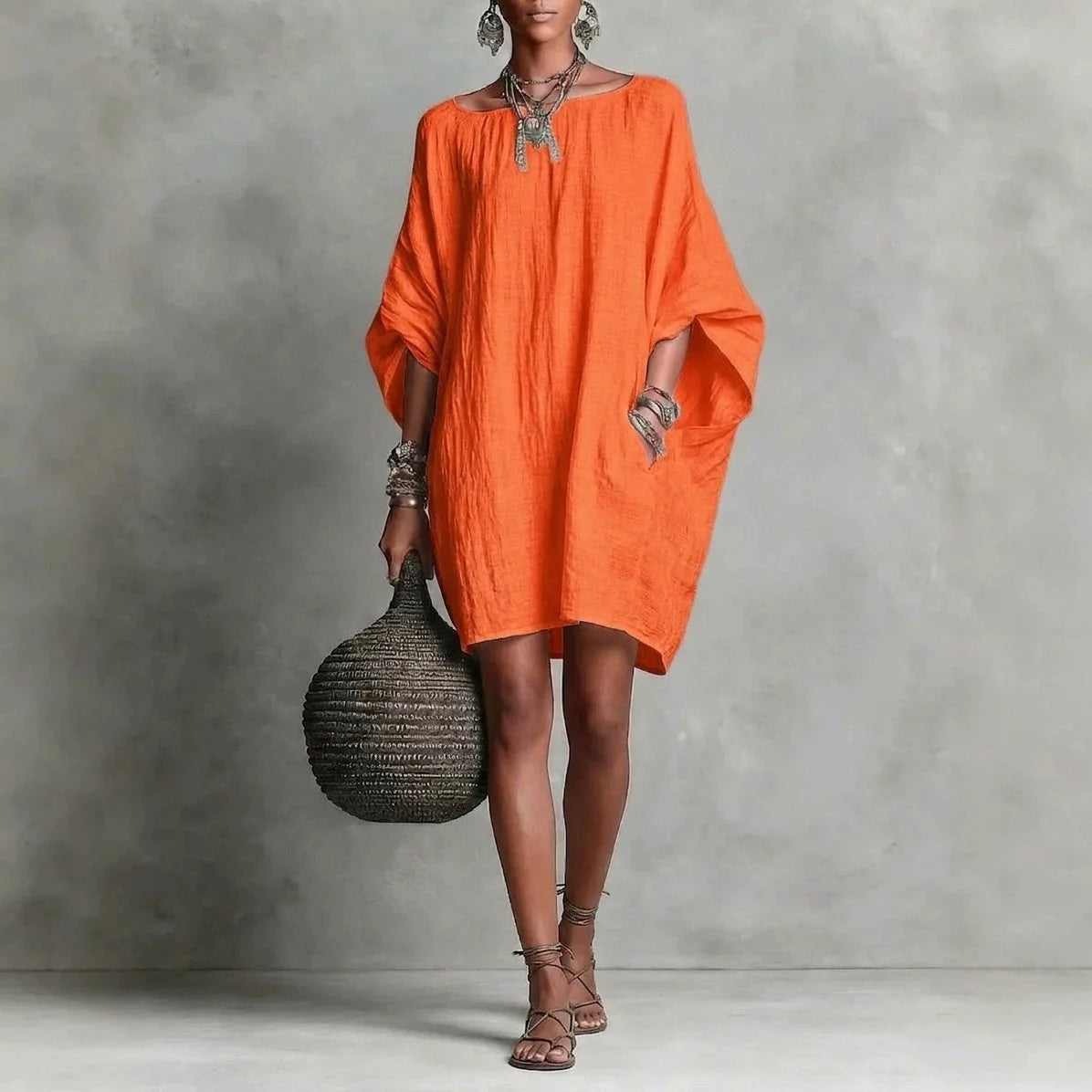 Oversized Batwing Tunic Dress - Orange