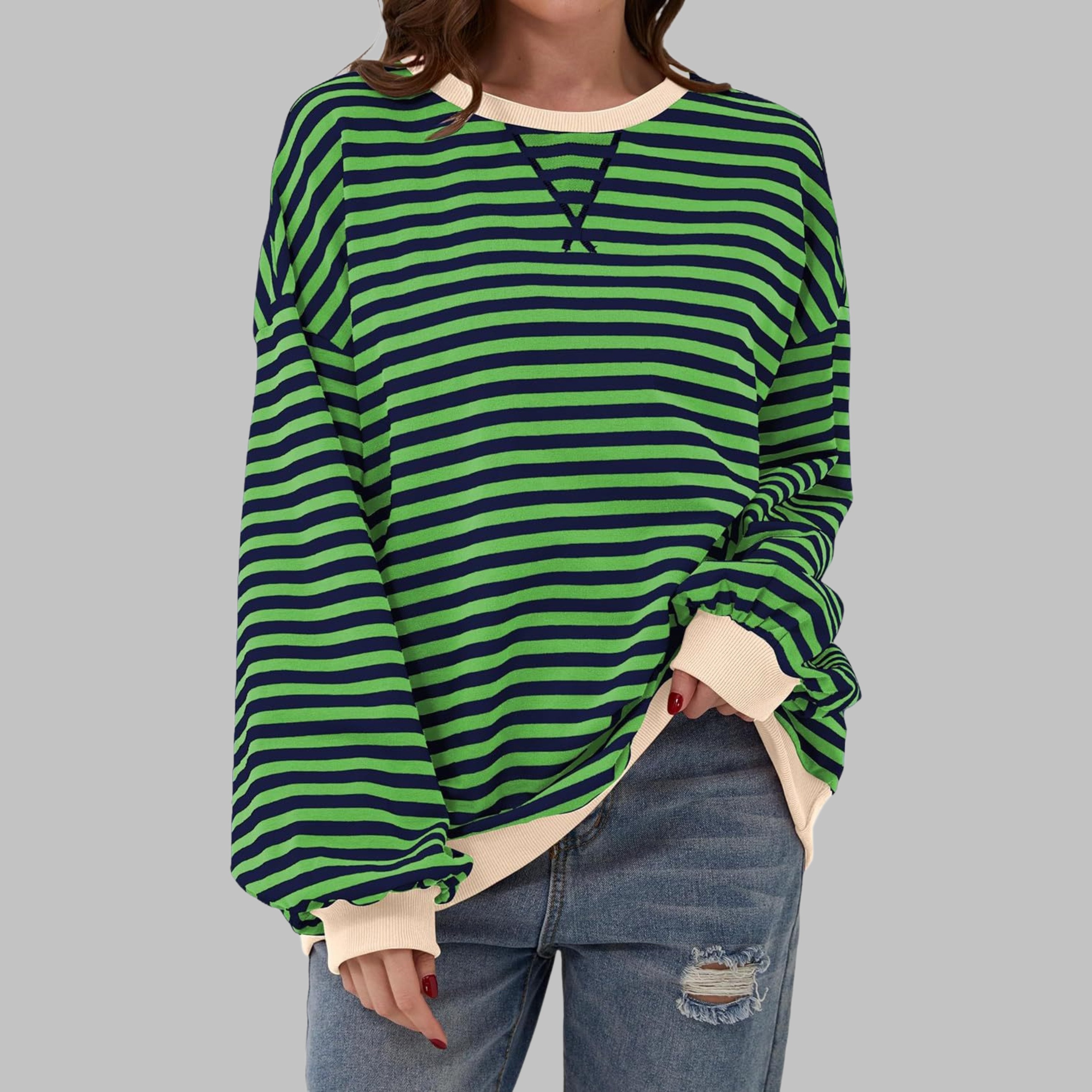 Women's Striped Oversized Sweatshirt - Green
