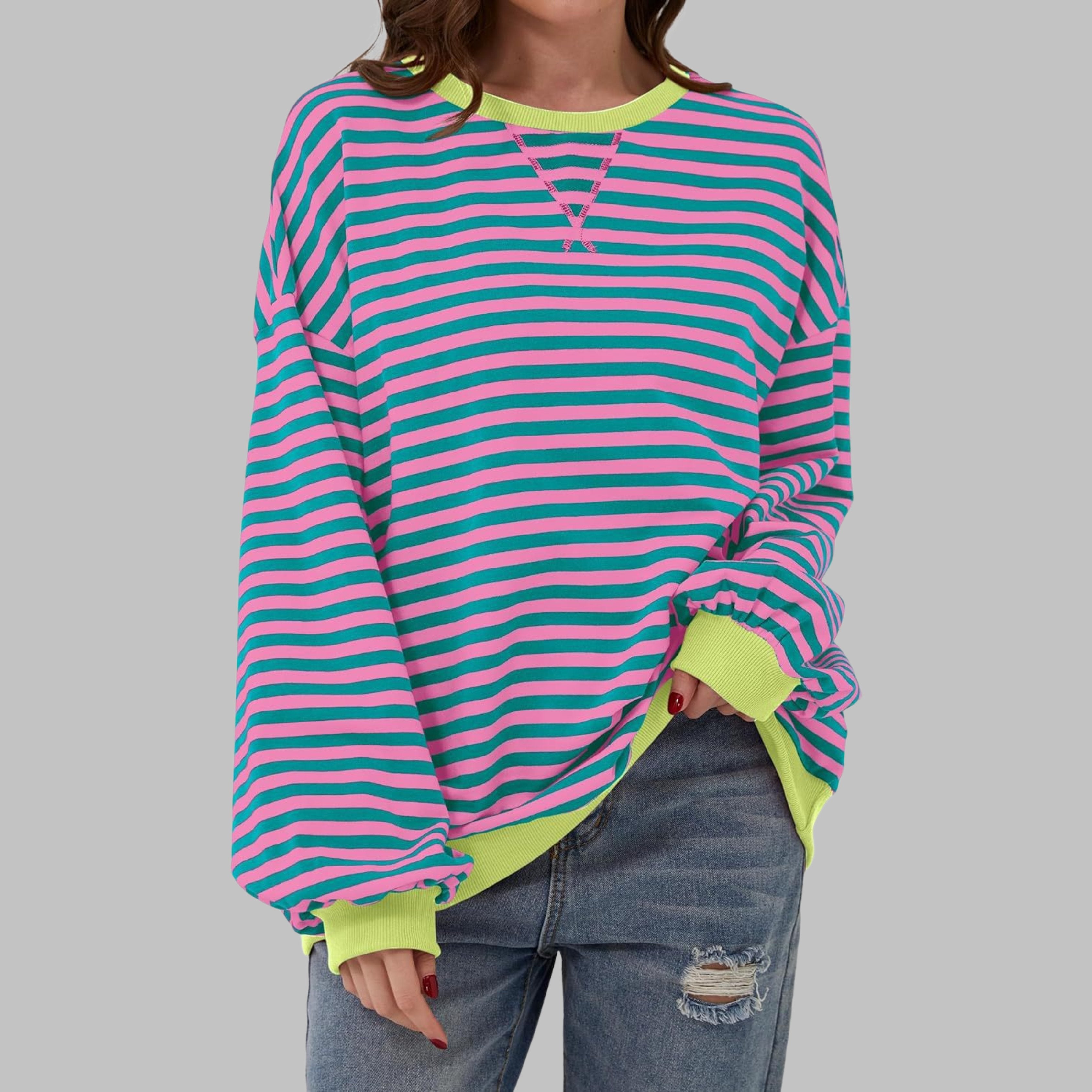 Women's Striped Oversized Sweatshirt - Pink