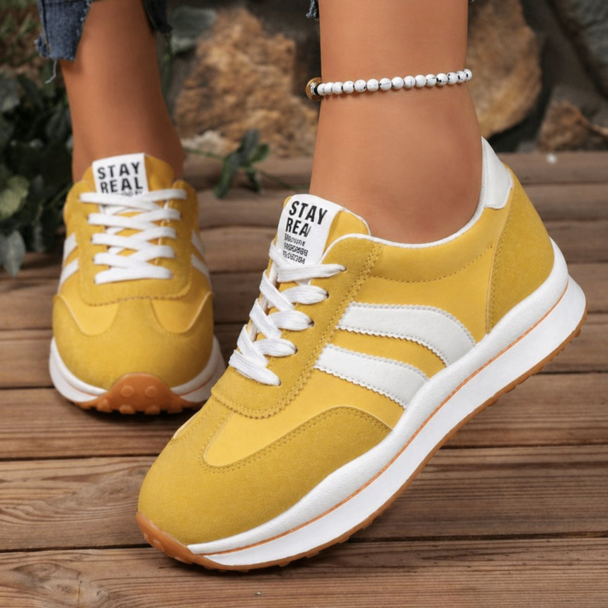 Women's Striped Platform Sneakers - Yellow