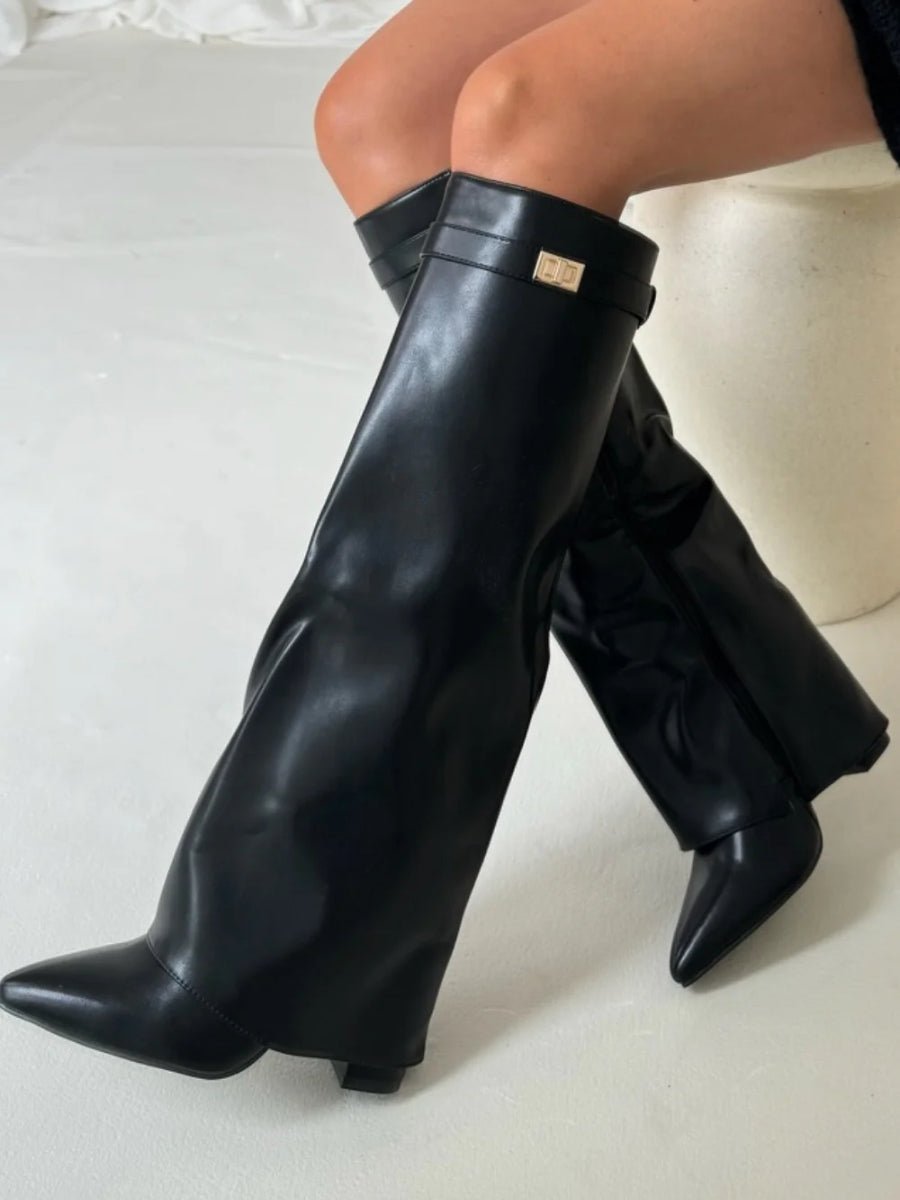 Women's Suede Knee-High Boots - Schwarz Leder
