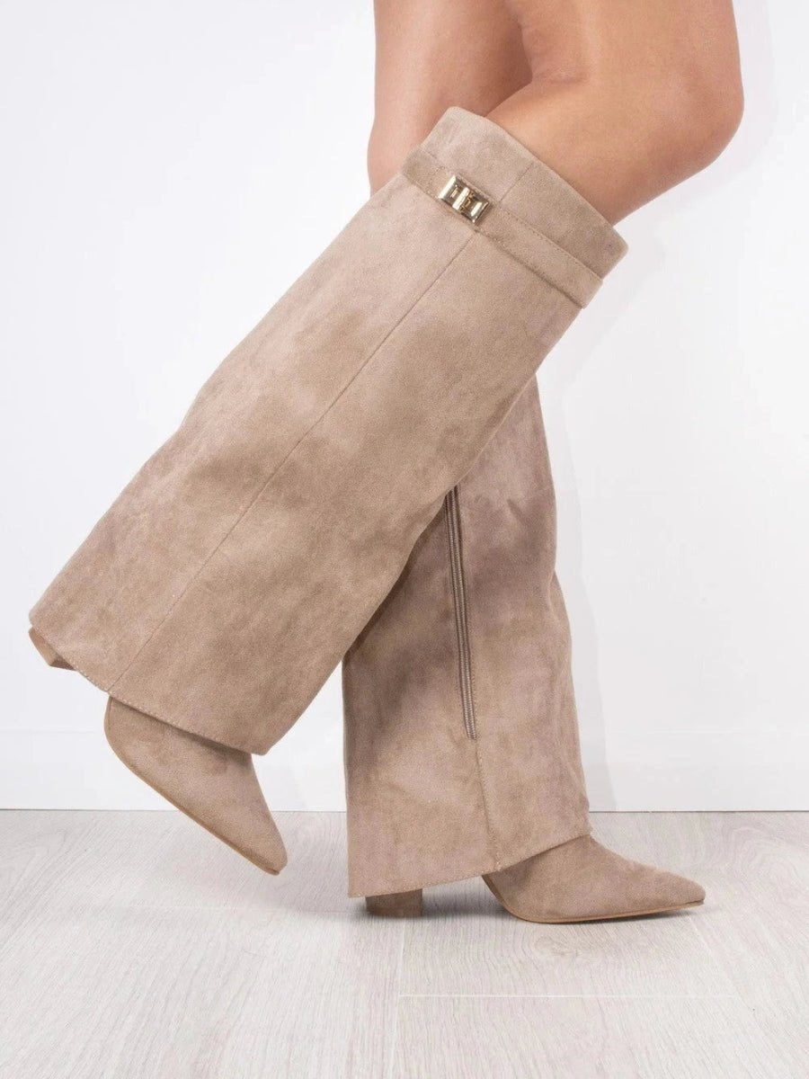 Women's Suede Knee-High Boots - Beige Wildleder