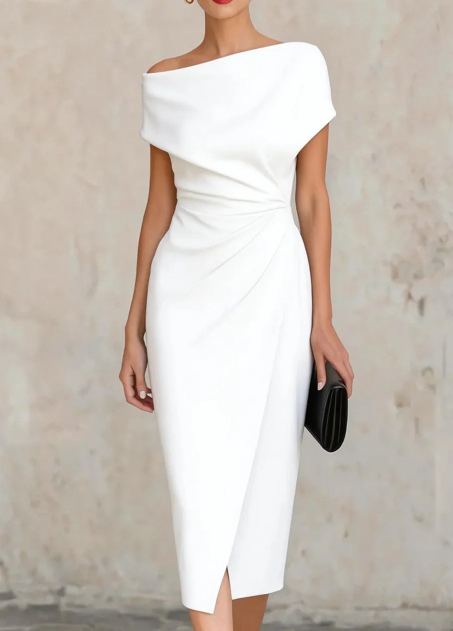 One Shoulder Ruched Midi Dress - White