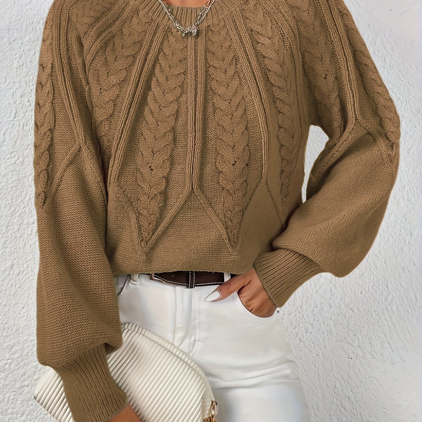 Women's Cropped Cable Knit Sweater - Camel