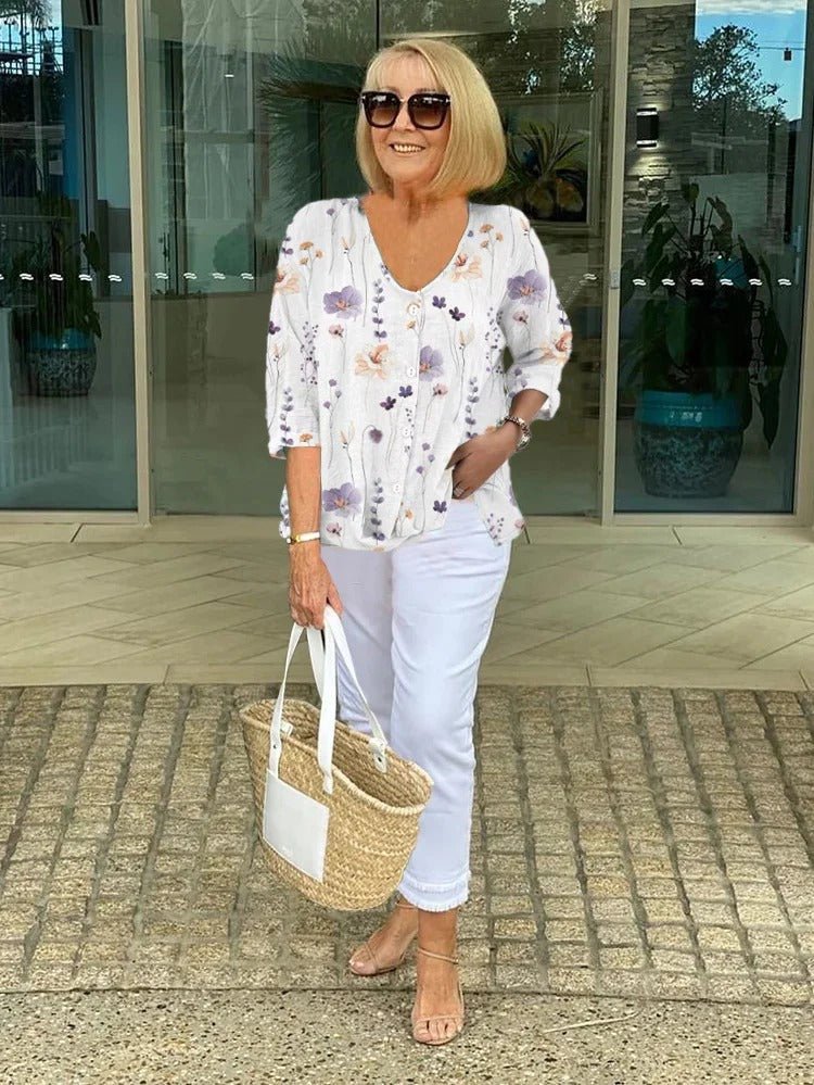 Women's Floral V-Neck Blouse - White