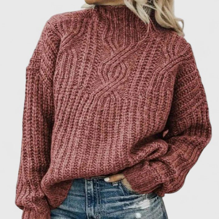 Women's Oversized Cable Knit Turtleneck Sweater - Pink