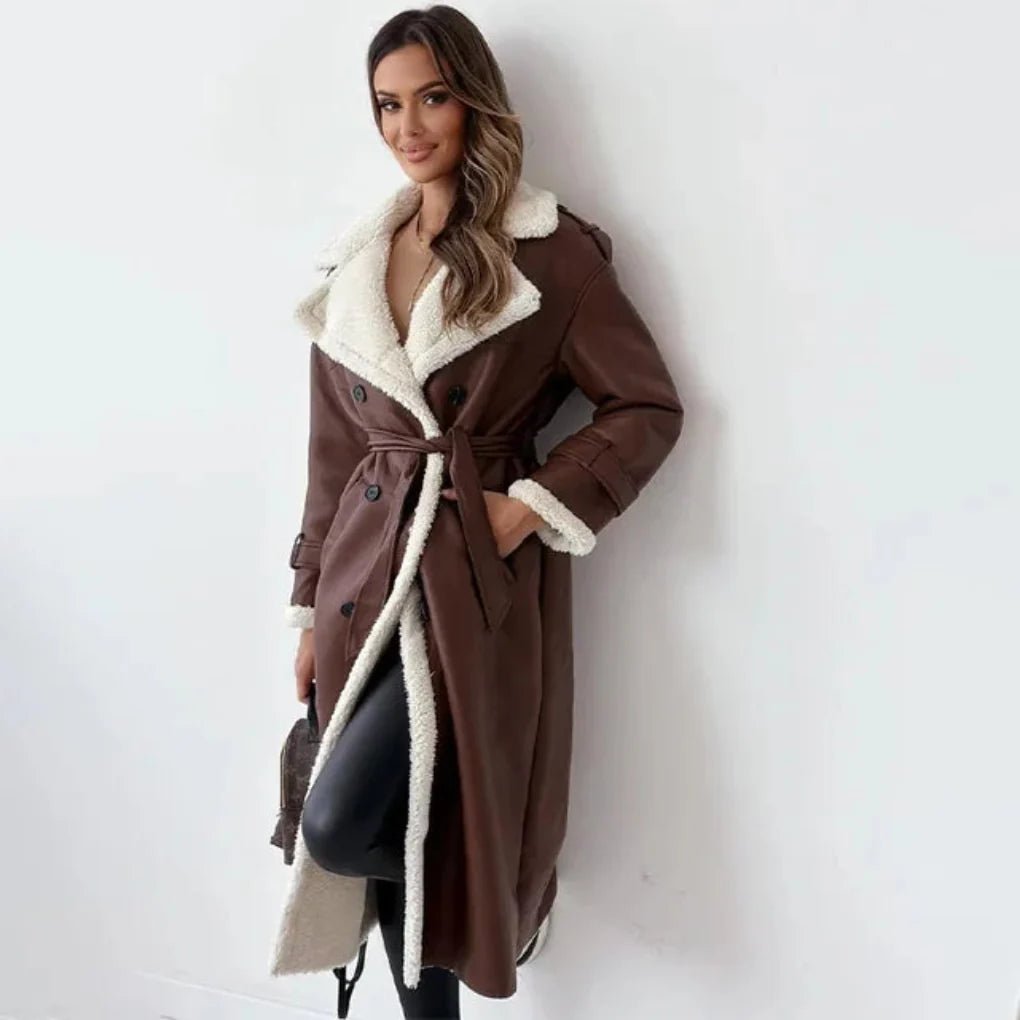 Women's Oversized Faux Leather Trench Coat - Brown