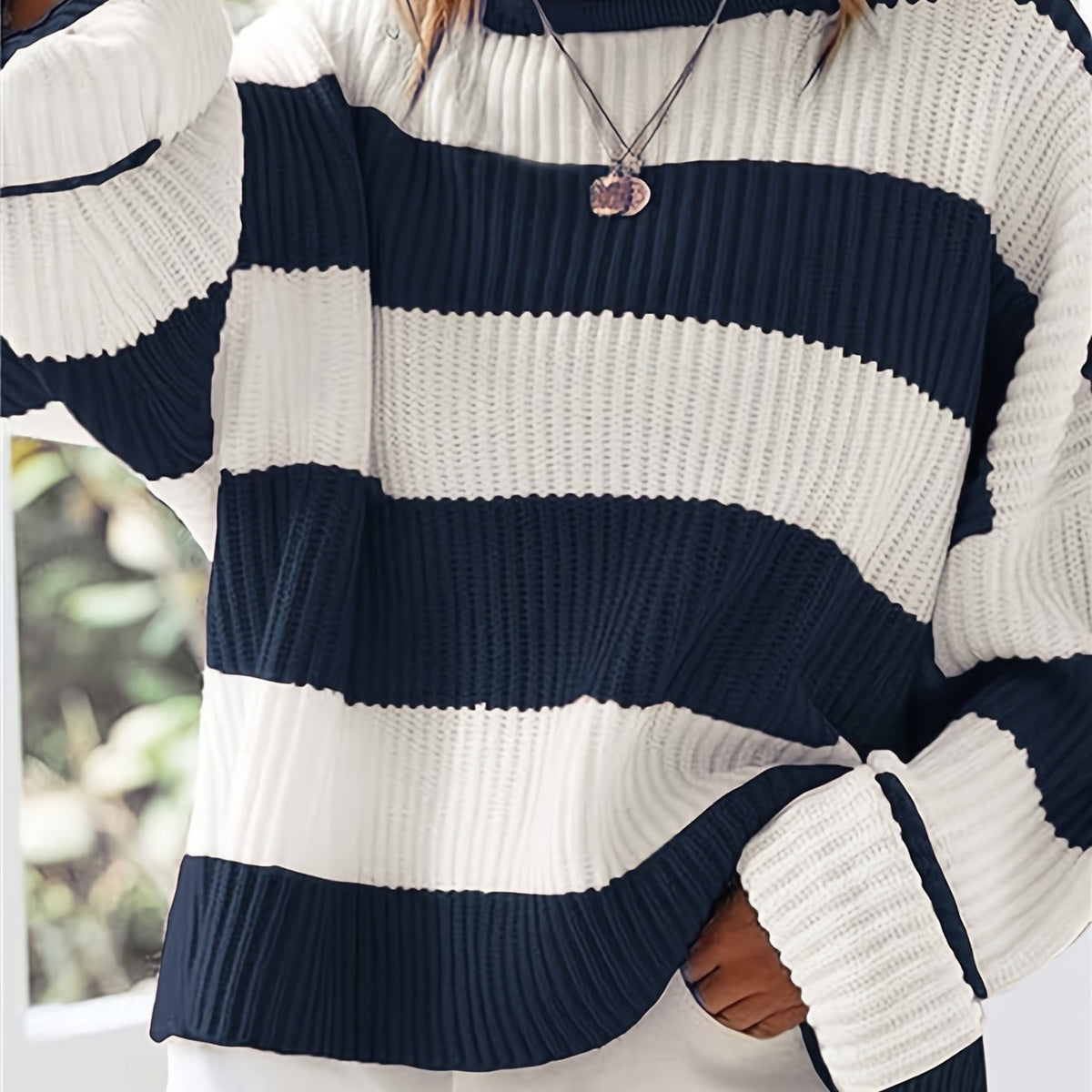 Women's Oversized Striped Knit Sweater - Navy