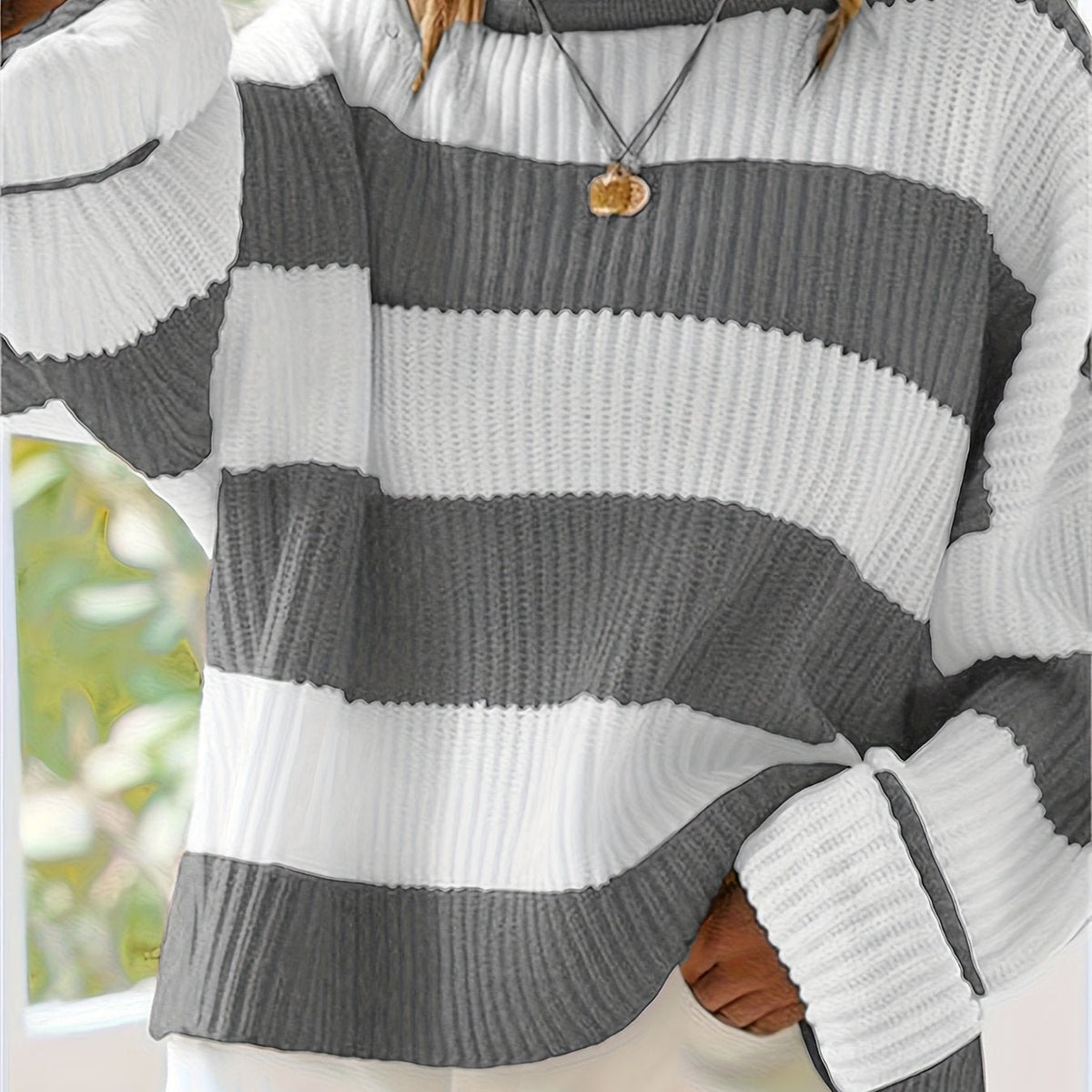 Women's Oversized Striped Knit Sweater - Grey