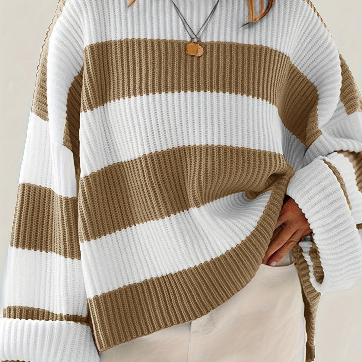 Women's Oversized Striped Knit Sweater - Linen
