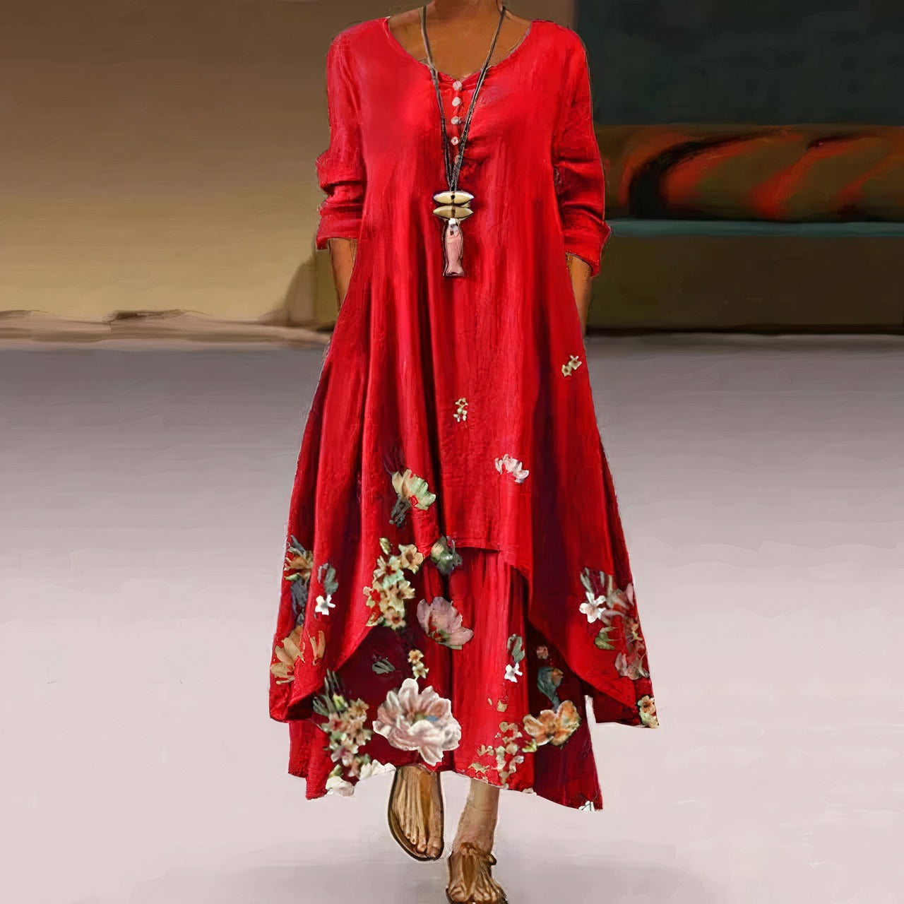 Long Sleeve Floral Maxi Dress - Red