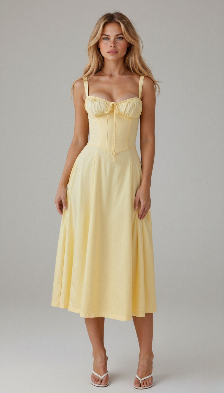 Floral Corset Midi Dress - Light Yellow