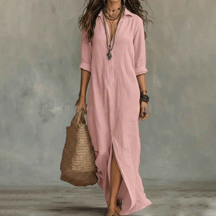 Long Sleeve Maxi Shirt Dress - Pink