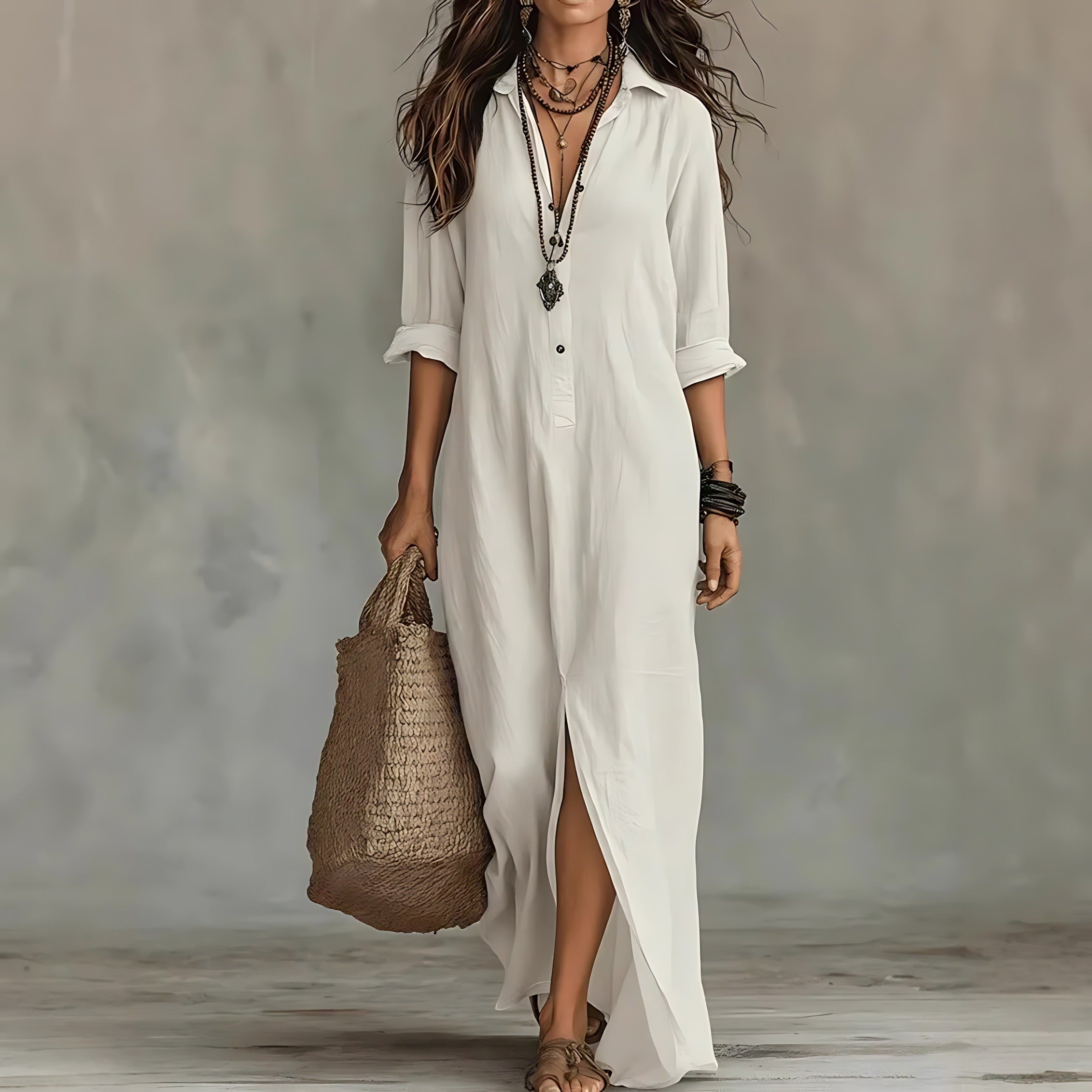 Long Sleeve Maxi Shirt Dress - White