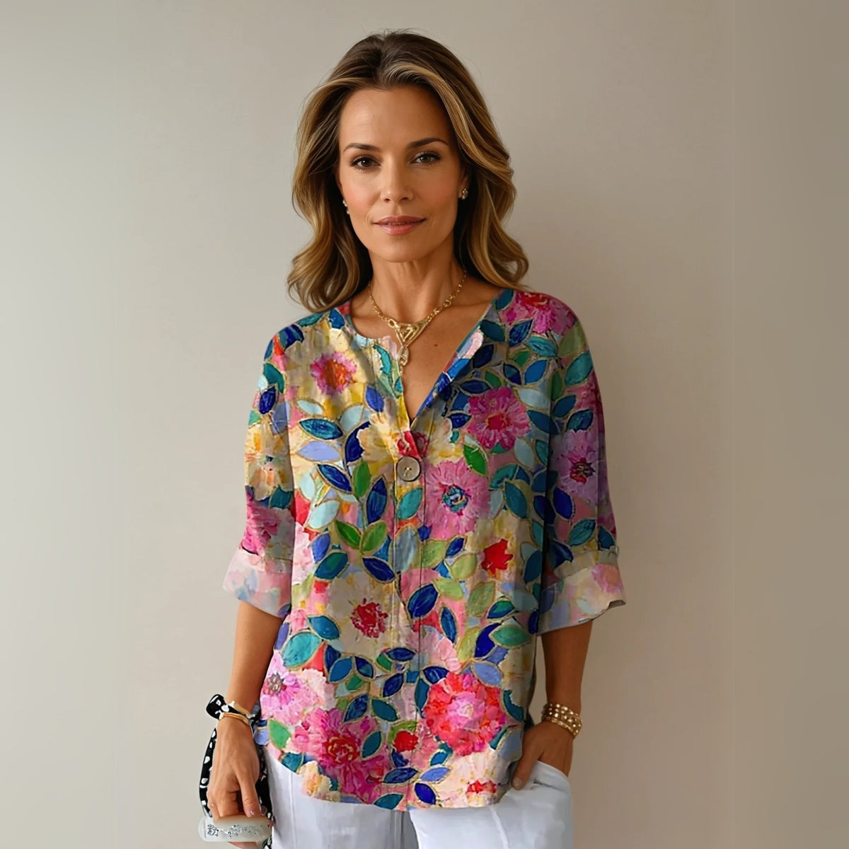 Women's Floral V-Neck Tunic - Blue - Pink - Red
