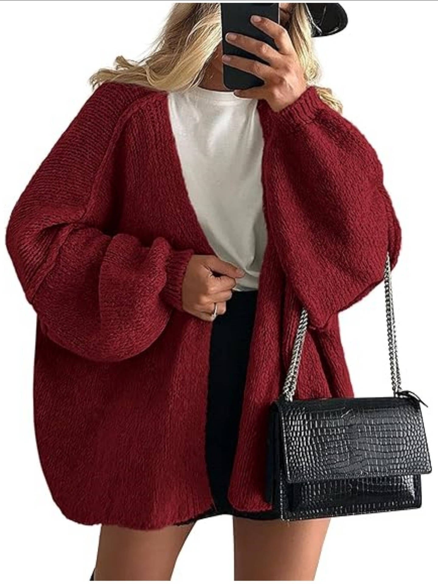 Women's Oversized Chunky Knit Cardigan - Dark Red