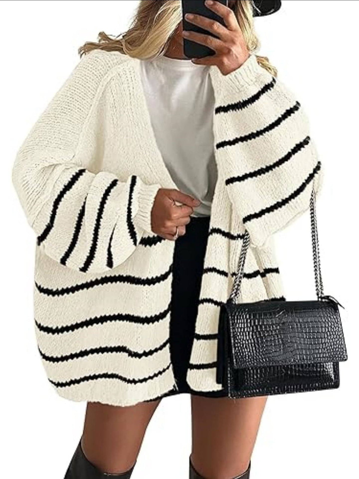 Women's Oversized Chunky Knit Cardigan - White and Black Stripes