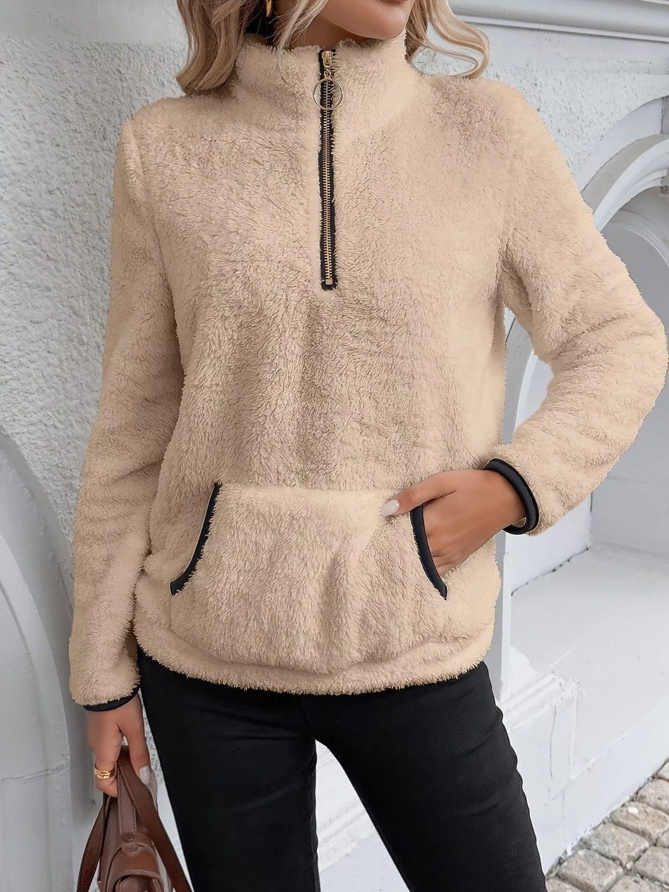 Women's Sherpa Fleece Quarter-Zip Pullover - Khaki