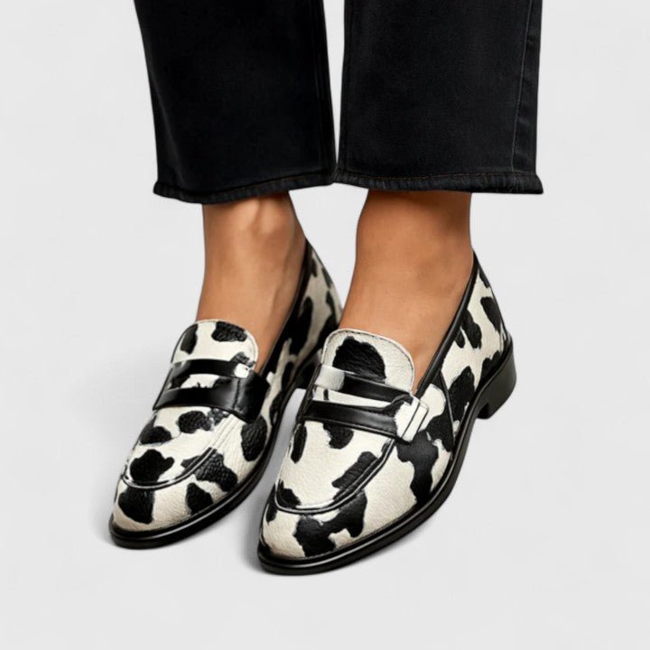 Women's Cow Print Penny Loafers - Black and White