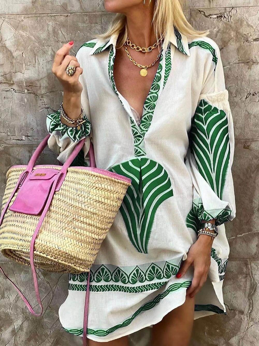 Printed Vacation Shirt Dress - Green