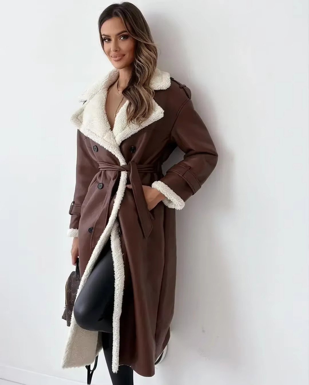 Women's Oversized Faux Leather Trench Coat - Dark brown