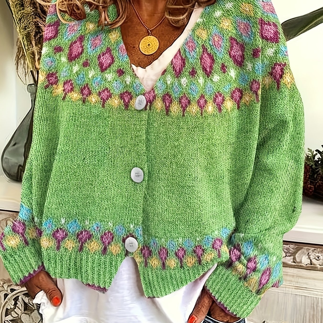 Women's Oversized Floral Cardigan - Green